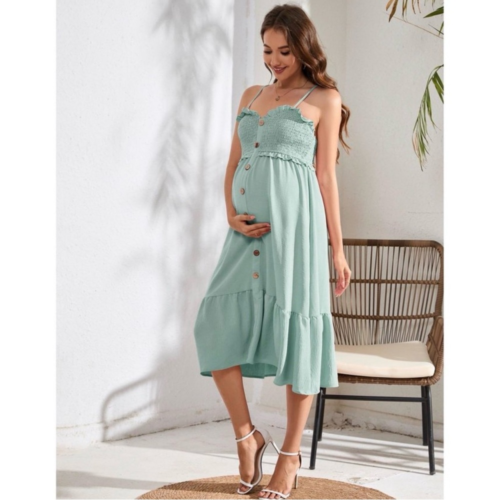 NWT Maternity Smocked Bust Ruffle Hemmed Sundress Adjustable Strap Sage Green